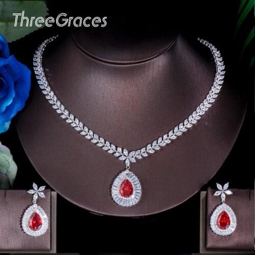 ThreeGraces Noble Red Cubic Zirconia Stone Flower Big Water Drop Earrings Necklace Wedding Bridal Jewelry Set for Women JS174