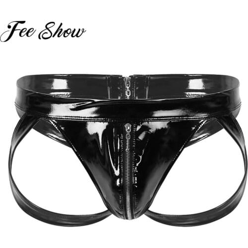 Male Sexy Underwear WetLook Patent Leather Briefs Open Butt Hollow Out Gay Fetish Jockstrap Zipper Open Crotch Bondage Lingerie