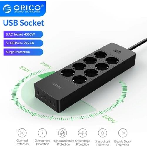 ORICO Universal Electrical Socket EU Plug Smart Extension Power Strip Home Office Surge Protector 4 6 8 AC with 5 USB HPC-8A5U