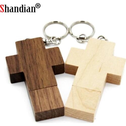 SHANDIAN (free custom logo) wooden cross USB 2.0 usb flash drive keychain pendrive 4GB 8gb 16GB 32GB 64GB gift customer LOGO