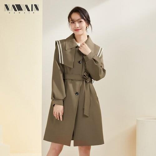 Nanograin 2021 spring dress contrast lace up long coat Navy collar reduced age high windbreaker women