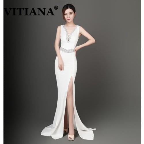 VITIANA Women Black Sexy Party Long Dress Female Backless Mesh White Host Elegant Trumpet Dresses Femme Noble Banquet Vestidos
