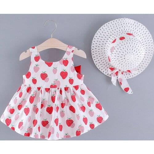 VOGUEON 2021 New Baby Girl Dress Summer Bow Print Dress with Hat 2 Piece Baby Clothes Suits Bohemia Newborn Infant Toddler Dress