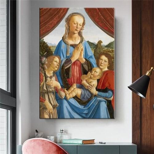 Leonardo da Vinci Reproduction Madonna and Child with Two Angels Famous Oil Painting Canvas Art Posters and Prints Wall Picture