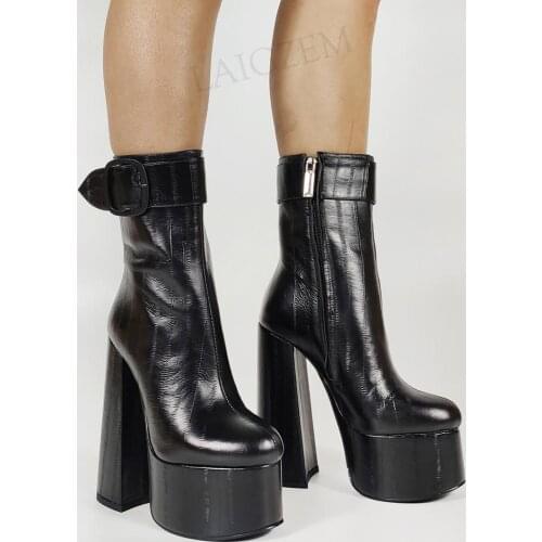 LAIGZEM Women Ankle Booties Leather Side Zip Thick Block High Heels Boots Height Increasing Ladies Shoes Woman Size 38 39 4041
