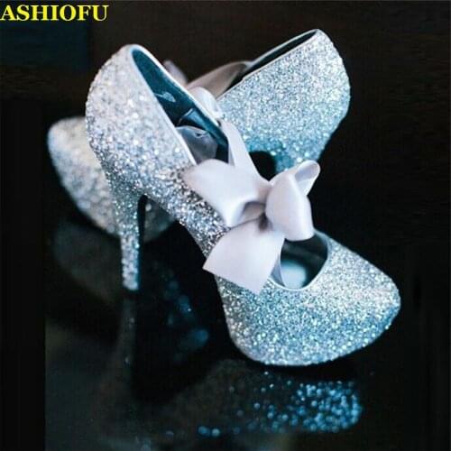 ASHIOFU Handmade Ladies High Heel Pumps Glitter Leather Butter-knot Party Prom Dress Shoes Platform Bright Evening Fashion Shoes