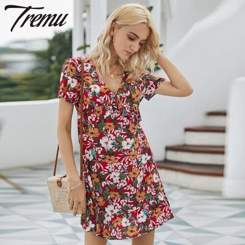 TREMU Multicolor V-Neck Floral Print Dress Woman 2021 Flounced Mini Casual Dresses Summer Ropa Mujer