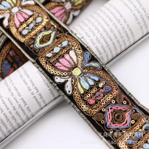 1 yards Ethnic Style Colorful Embroidery Sequin Lace Ribbon for DIY Bag Clothing Costumes Accessories Sewing Decoration Trims