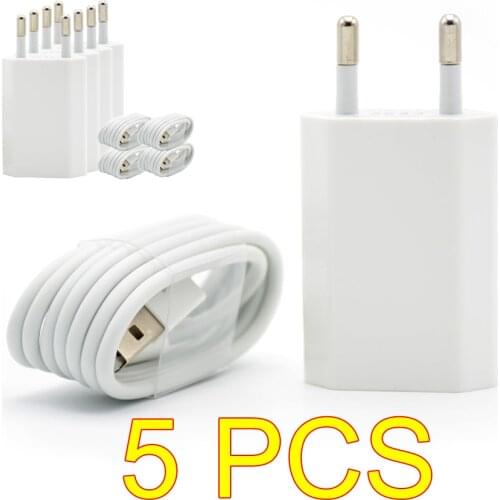 5PCS/Lot White Color EU Plug Wall AC USB Charger For iPhone 8 Pin Charging Cable + Charger Adapter For Apple iPhone 7 6 6S 5S 5