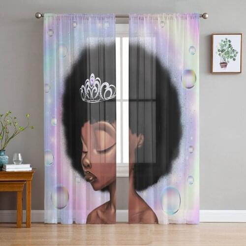 African Girl Black Hair Queen Bubble Rainbow Voile Tulle Sheer Curtains for Bedroom Living Room Kitchen Decor Window Curtain