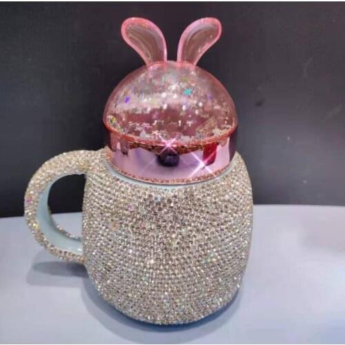 Diamond kawaii mug with lid and handle sparkling cartoon bunny water bottle portable cute coffee cup environmental protection
