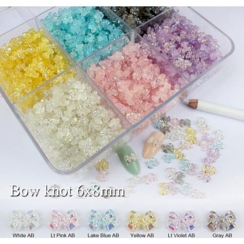 Aurora AB 6x8mm Three-dimensional Resin Bow knot Nail Art Decorations Rhinestones DIY Glitter Manicure Accessories30/100pcs