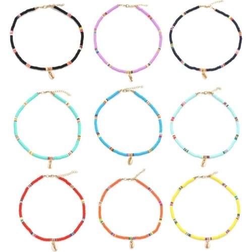 Boho 5mm Polymer Clay Heishi Beads Cowrie Shells Extension Chain Surfer Choker Girl White Purple Blue Black Summer Necklace Gift