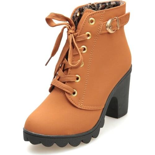 Boots Women Shoes Women Fashion High Heel Lace Up Ankle Boots Ladies Buckle Platform Artificial Leather Shoes bota femininae88
