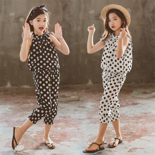 Brand kids clothes girls POLKA SET sleeveless tshirt long pants & pocket black white polka teenage girls clothing girls outfits