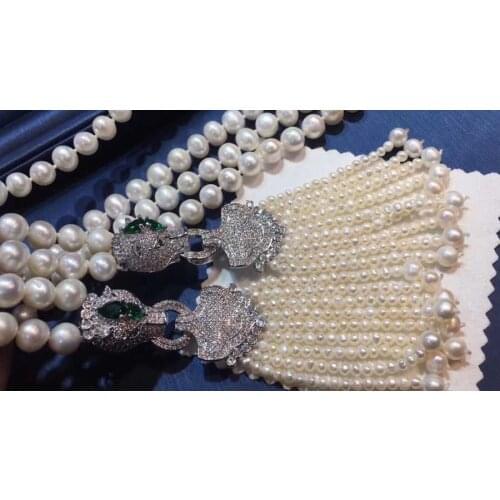 Hand knotted 8-9mm white natural freshwater pearl micro Leopard head clasp inlay zircon tassel long sweater chain necklace