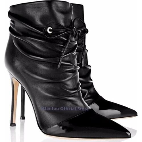Black mat leather Pointed toe cross tied lace up short boots women winter autumn thin high heel ankle boots plus size 46
