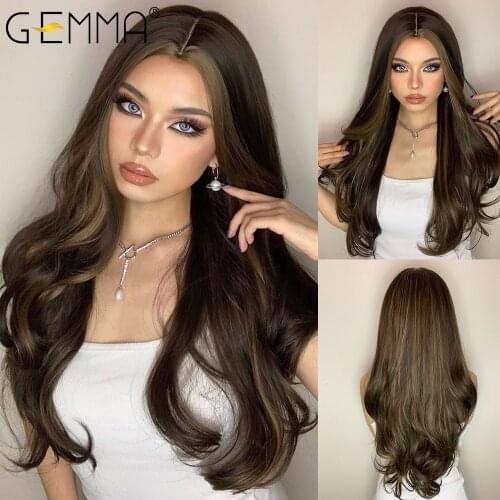 GEMMA Long Body Wave Black Brown Highlight Synthetic Wigs for Women Afro Natural Middle Part Cosplay Heat Resistant Fake Hair