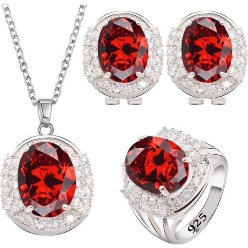 Red Zirconia Silver Color Jewelry Sets for Women Rainbow Blue Hoop Earrings Necklace Pendant Ring Birthday Party Gift