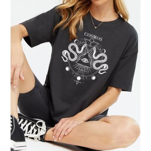 Mystical Geometric T Shirt Women Oversized Vintage Aesthetic Celestial Tshirt Occult Witch Shirt Halloween Gothic Clothing Tops