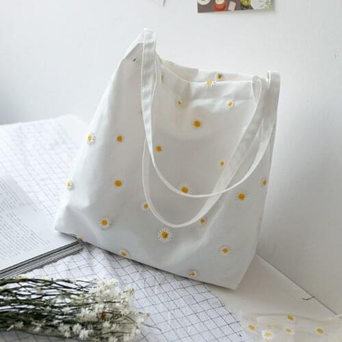 Fashion Shoulder Bags for Womens Female Shopper Bag Handbag Cute Embroidery Bag with Daisies Small Canvas Tote M68C
