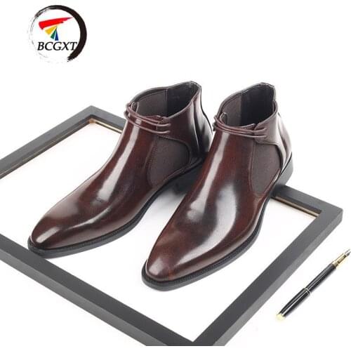 2020 New Men Winter Pu Leather Chelsea Lace Up Boots Brogue Casual Ankle Flat Shoes Comfortable Quality Dress Boots Big Size 48