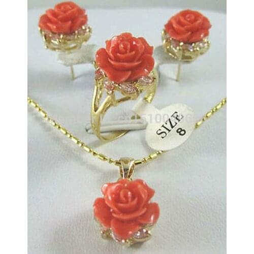 Hot sale beautiful gold plate rose coral flower Pendant Earring Ring set