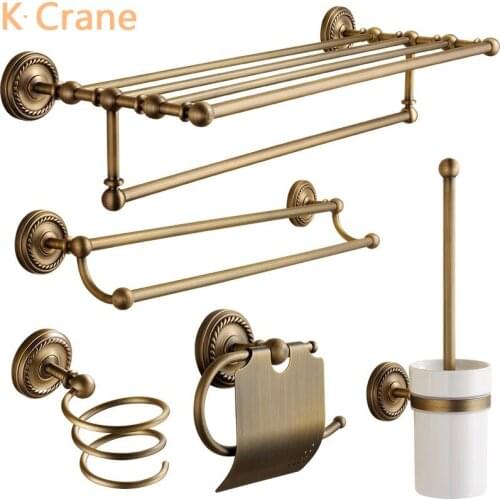 Retro Gold Bathroom Accessories Set Wall Mounted Towel Shelf Copper Toilet Rail WC Roll Paper Hanger Toothbrush Holder Bath Rack