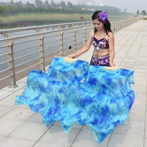 New Tie-dyed 100% real Natural silk Fans Veils for Belly Dance long silk Stage Performance Fans for Women 1.2M/1.5M/1.8M/2.1M