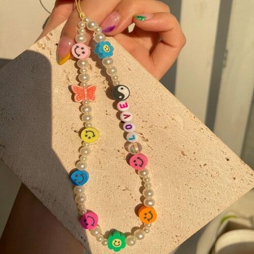 New Ins Colorful Acrylic Smiley Mobile Phone Chain Simple Retro Handmade Eyeball Pearl Star Rope For Phone Case Hanging Cord