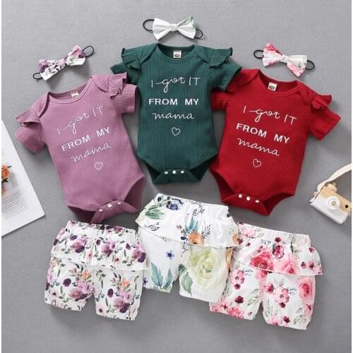Newborn Casual Outfits Set Toddler Fly Sleeve Round Neck Knitted Letter Romper Floral Shorts Bowknot Headband Baby Clothing 3pcs