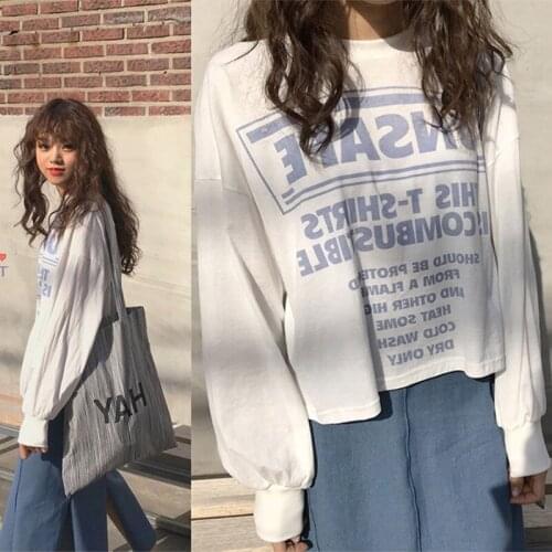 Autumn Winter Womens Long Sleeve O-Neck Casual Loose Oversized Kroean Style T-Shirt Girl Students Print Tops