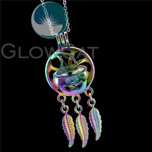 R-C925 Rainbow Witch Hat Dreamcatcher Beads Cage Pendant Perfume Aroma Pumpkin Lantern Pearl Cage Locket Necklace