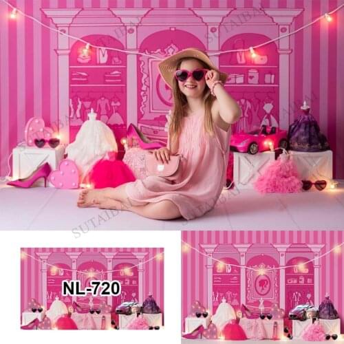 Pink White Stripes Backdrop Doll Head Photo Frame Glamour Girl Photography Background Party Decor Photo Booth Cake Smash Banner