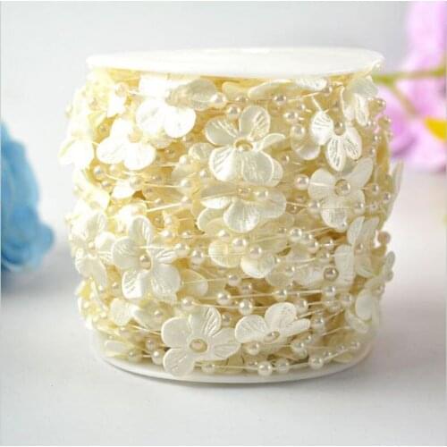 A Roll 30 Meters Fishing Line White Beige Pearl Beads Garland 4mm Pearl Beads String With Flower Petal Christmas Home Decoration