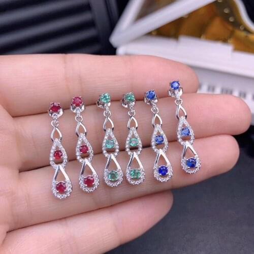 Natural green Emerald earrings 925 silver Natural red ruby sapphire drop earring fashion water drop geometry women party jewelry