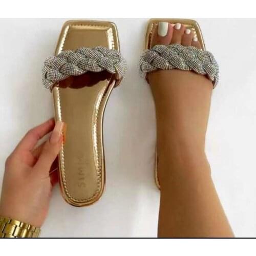 Bling Womens Slippers Suqare Toe Fashion Rhinestone Woven Beach Ladies Shoes for Holiday Outdoor Wear Woman Slides Flip Flops