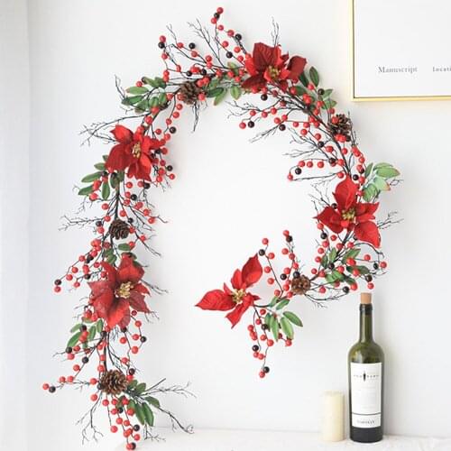 6ft Artificial Red Berry Wreath Christmas Garland DIY Decoration With Pine Cone And Green Leaves For Holiday Desk Decor