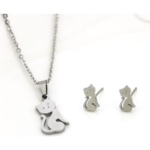 1 Set Stainless Steel Kitten Cats Jewelry Set Charms Animal Necklace Earrings Gold Jewelry Sets for Women Girls Kids