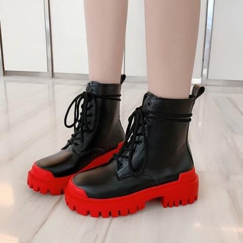 2020 Winter Women Chunky Ankle Boots Brand Fashion Platform Boots Womens High Quality Gladiator Boots High Top Shoes Woman Red