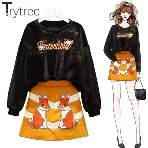Trytree 2020 Winter Women Two Piece Set Casual O-neck Loose Thick Letters Sweatshirt + Mini Skirt Cartoons Zip Sweet 2 Piece Set