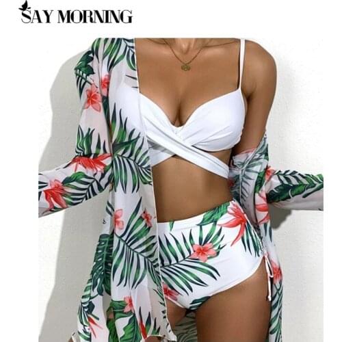 SAY MORNING Three-Piece Bikini Leaves Flowers Tropical Rain Mesh Split Womens Swimsuit Swimwear Beach Wear New 2021 Swimming