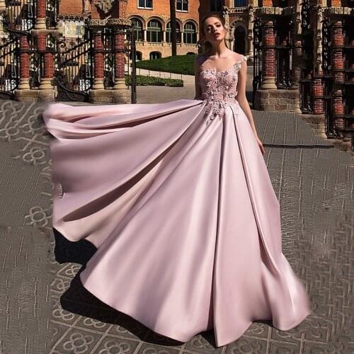 Satin Prom Dress 2020 Robe de soiree Applique Flower Pink Elegant Evening Dress Long Party Gown Gala Formal Dress