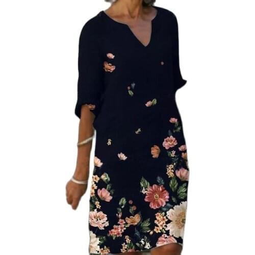 2021 Summer Print Loose Bamboo Fiber Linen Floral Half Short Sleeve Women New Arrival Fashion V-Neck Splice Large Size Dress