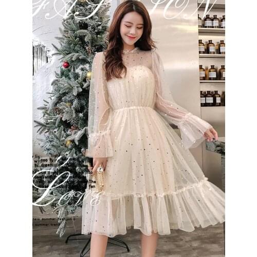 New Fashion Dress Women 2020 Ruffled Collar Flare Sleeve Mesh Dresses See-through Lace Shiny Sequined Femme Vestidos Robe