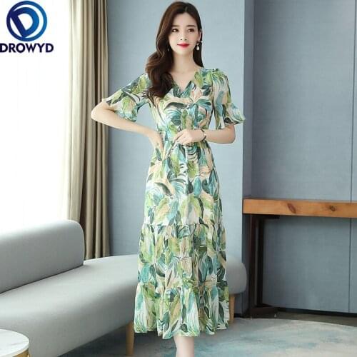 Summer Beach Green Print Chiffon Dress for Women 2021 Fashion Short Sleeve V-neck Bodycon Dress Elegant Boho Party Dress Vestido
