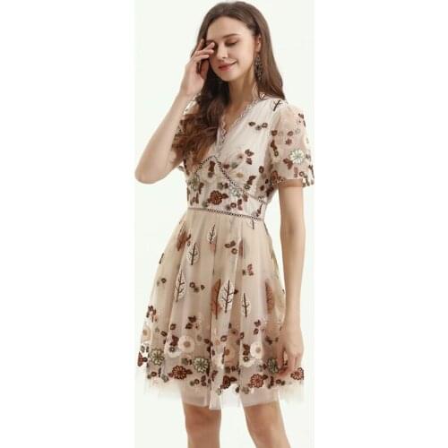 Flower Luxury Embroidery Designer 2021 Summer Runway Fashion V-Neck 3D Appliques Mini Mesh Elegant Dress