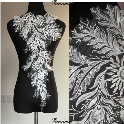 2pc Sequins Embroidery Lace Applique Flower diy Wedding Dress Graduation Design Accessories Fabric Clothes Repair Material 57X31