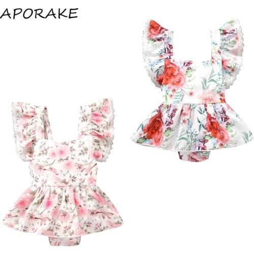2021 0-24M Cute Summer Baby Girls Romper Toddlers Floral Printing Lace Fly Sleeve Splicing Dress Suspender Jumpsuit Outfit