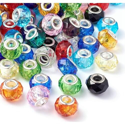 100pcs Mixed Color Handmade Glass European Beads Large Hole Beads Silver Color Brass Core for Jewelry Making 14x8mm Hole: 5mm